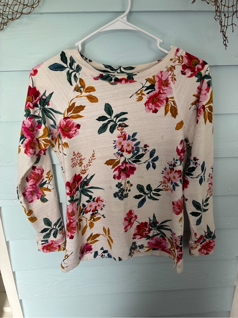 Loft Women’s Floral Crewneck Top - Cream with Pink & Green Floral Print